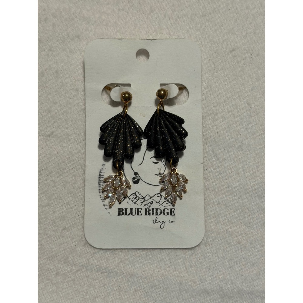 Blue Ridge Clay Co Black Gold Glitter Polymer Clay Fan Dangle Crystal Earrings